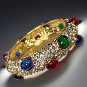 18k Gold Plated Chunky Royal Mogul Revival Glass Cabochon Pave Crystal Bracelet
